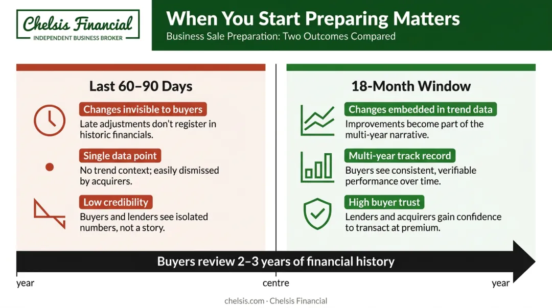Timeline comparison showing 18-month versus 60-day pre-sale preparation impact on buyer confidence