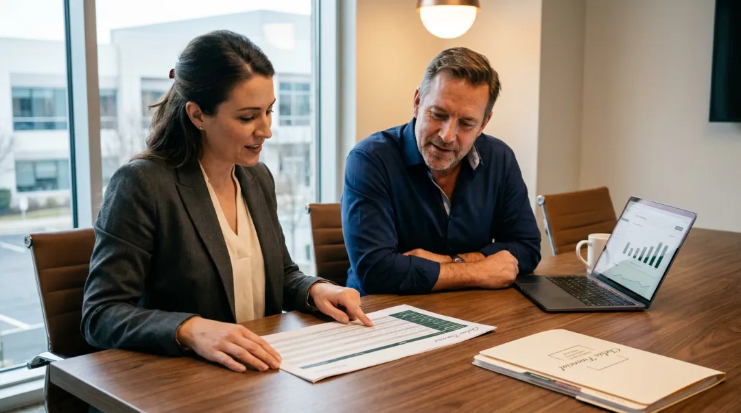 Business advisor and owner reviewing exit strategy roadmap documents at conference table