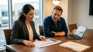Business advisor and owner reviewing exit strategy roadmap documents at conference table