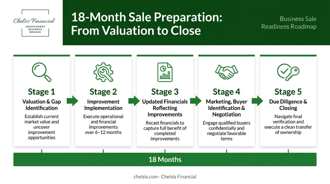 5-stage business sale preparation timeline from valuation through due diligence and closing