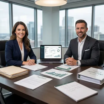 M&A consultant reviewing transportation business acquisition documents with a client