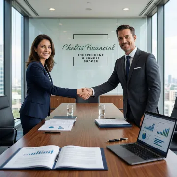 M&A advisor shaking hands with a business owner across a conference table with financial documents
