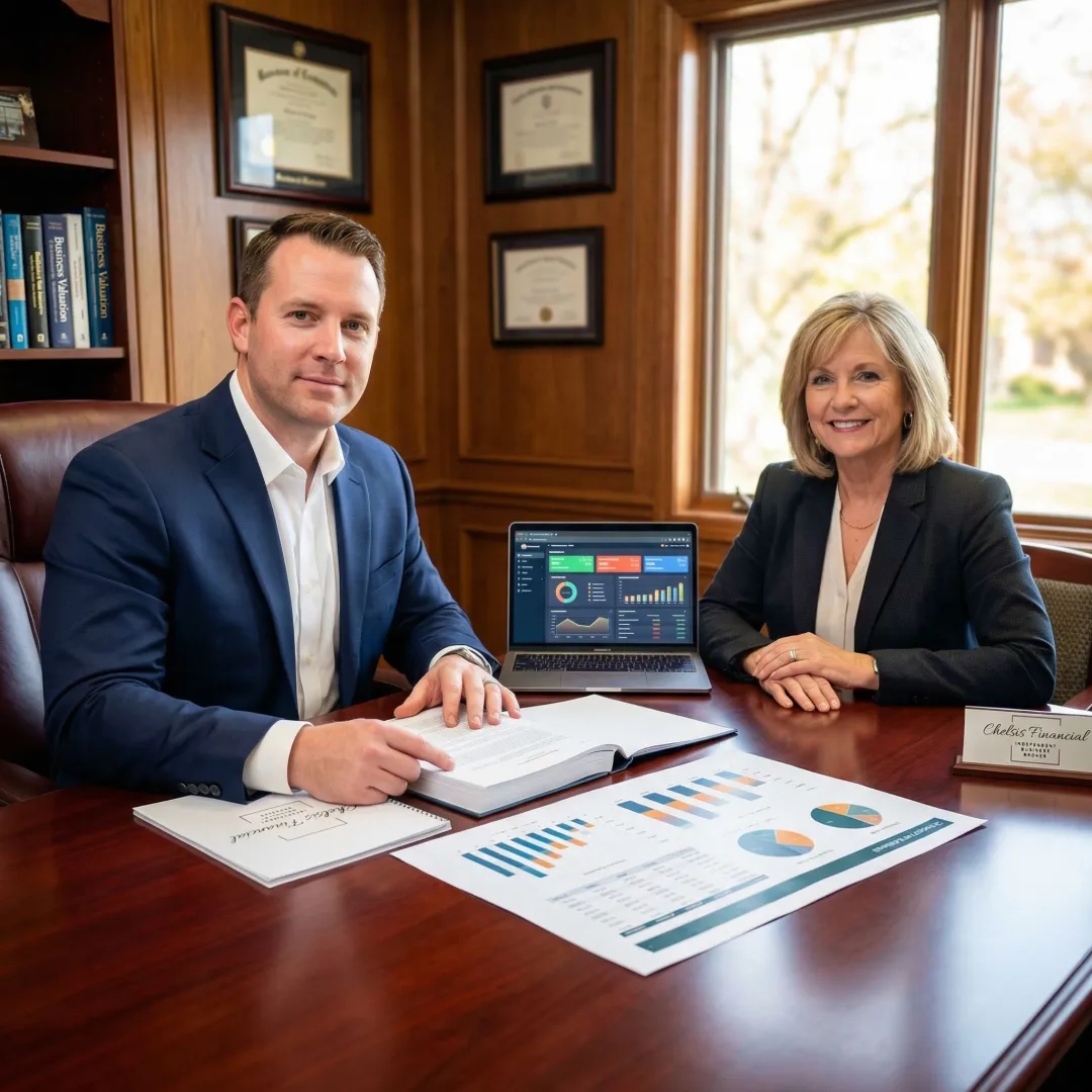 Financial advisor presenting a business valuation report to a small business owner
