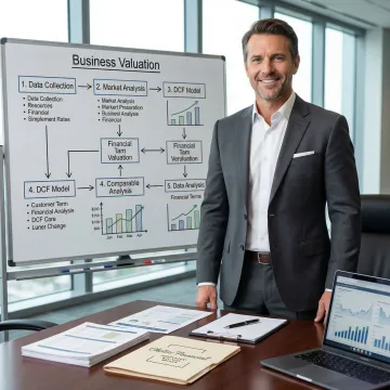 Business valuation consultant walking a client through a five-step process on a whiteboard in a consulting office