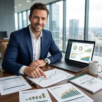 Financial analyst reviewing business valuation report with charts and graphs