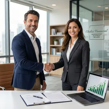 Business owner and financial advisor shaking hands after a successful business sale agreement
