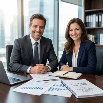 Chelsis Financial advisor reviewing a business valuation report with a client