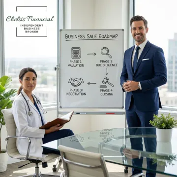A business advisor walking a healthcare business owner through a structured sale process on a whiteboard