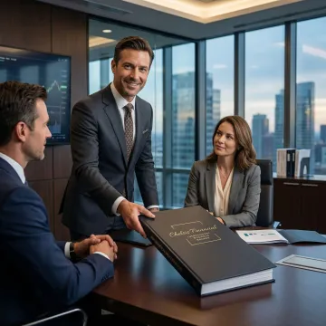 Business advisor presenting a confidential information memorandum to a prospective buyer