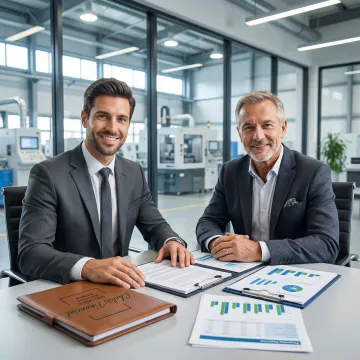 Manufacturing business broker consulting with a factory owner about selling their business nationally