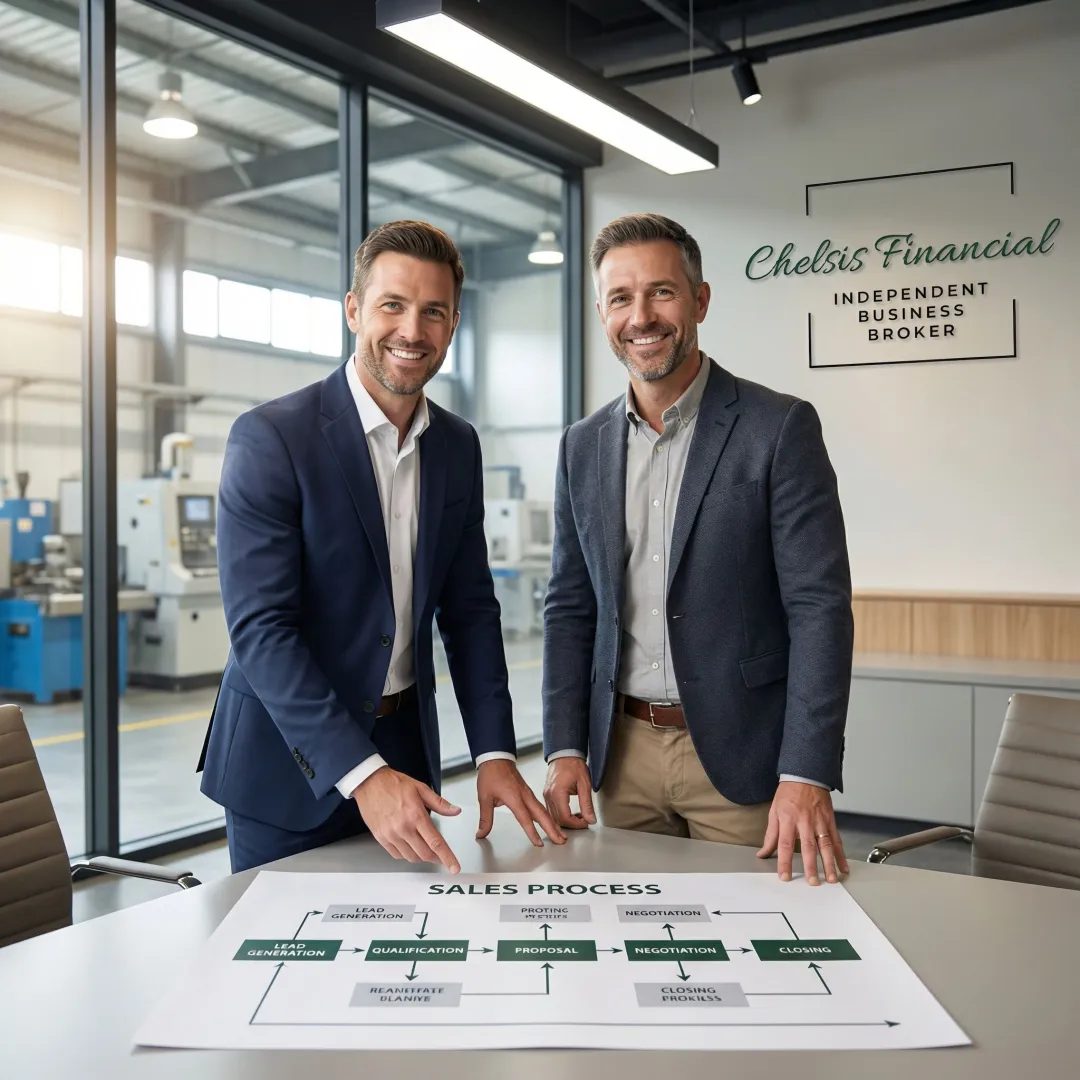 Business broker guiding a manufacturing owner through the steps to sell their business