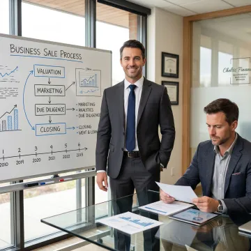 Business broker walking client through a multi-step sales process on a whiteboard