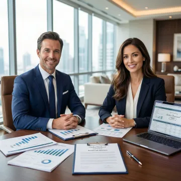 Business broker and client reviewing a business sale agreement in a professional office setting