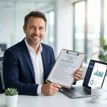 Business broker coordinating a web business sale transaction with documents and a laptop