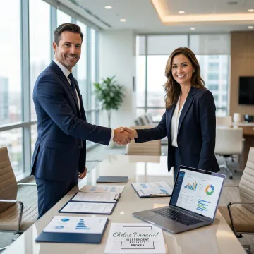 Business broker and client shaking hands over a small business sale agreement