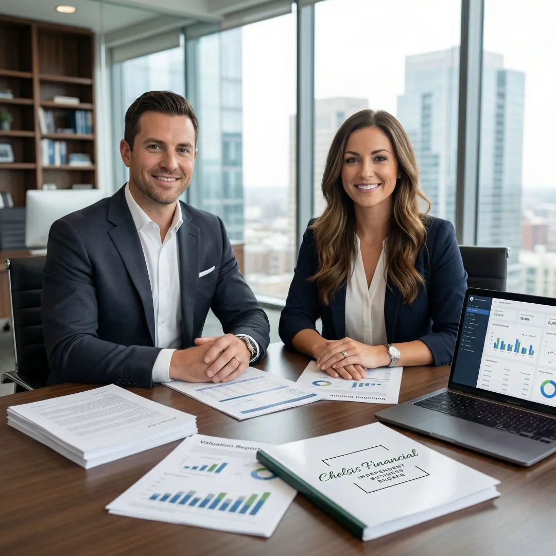 Cleaning business owner reviewing business valuation documents with M&A advisor