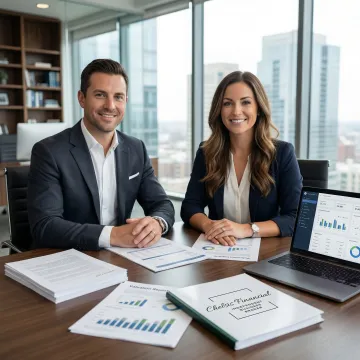 Cleaning business owner reviewing business valuation documents with M&A advisor