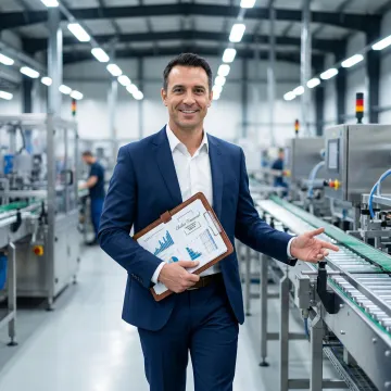 Manufacturing business advisor reviewing equipment valuation documents inside an industrial facility
