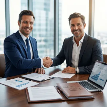 Business broker shaking hands with a business owner after a successful sale agreement.