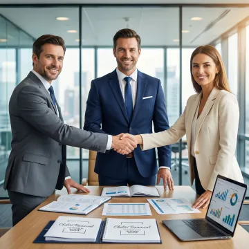 Business broker shaking hands with a buyer and seller at a professional meeting table