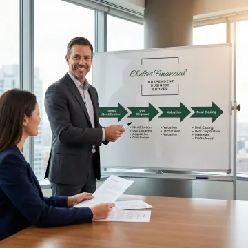 Business acquisition advisor walking a buyer through a multi-step transaction process on a whiteboard