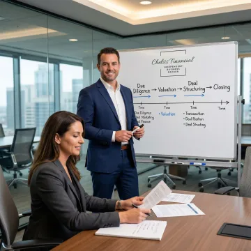 M&A advisor walking a business owner through a step-by-step transaction process on a whiteboard