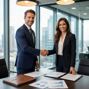 Business broker shaking hands with a business owner across a conference table with documents and financial reports visible.