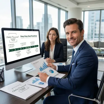 Business broker reviewing financial documents and guiding a client through the business sale process