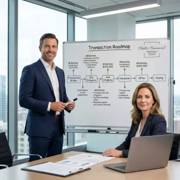 Business broker guiding a client through the step-by-step business sale process on a whiteboard