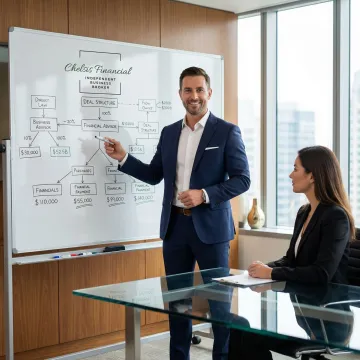Financial advisor explaining deal structure options on a whiteboard to a business owner