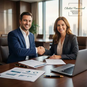 Business broker shaking hands with a client at a professional office desk after closing a business sale deal