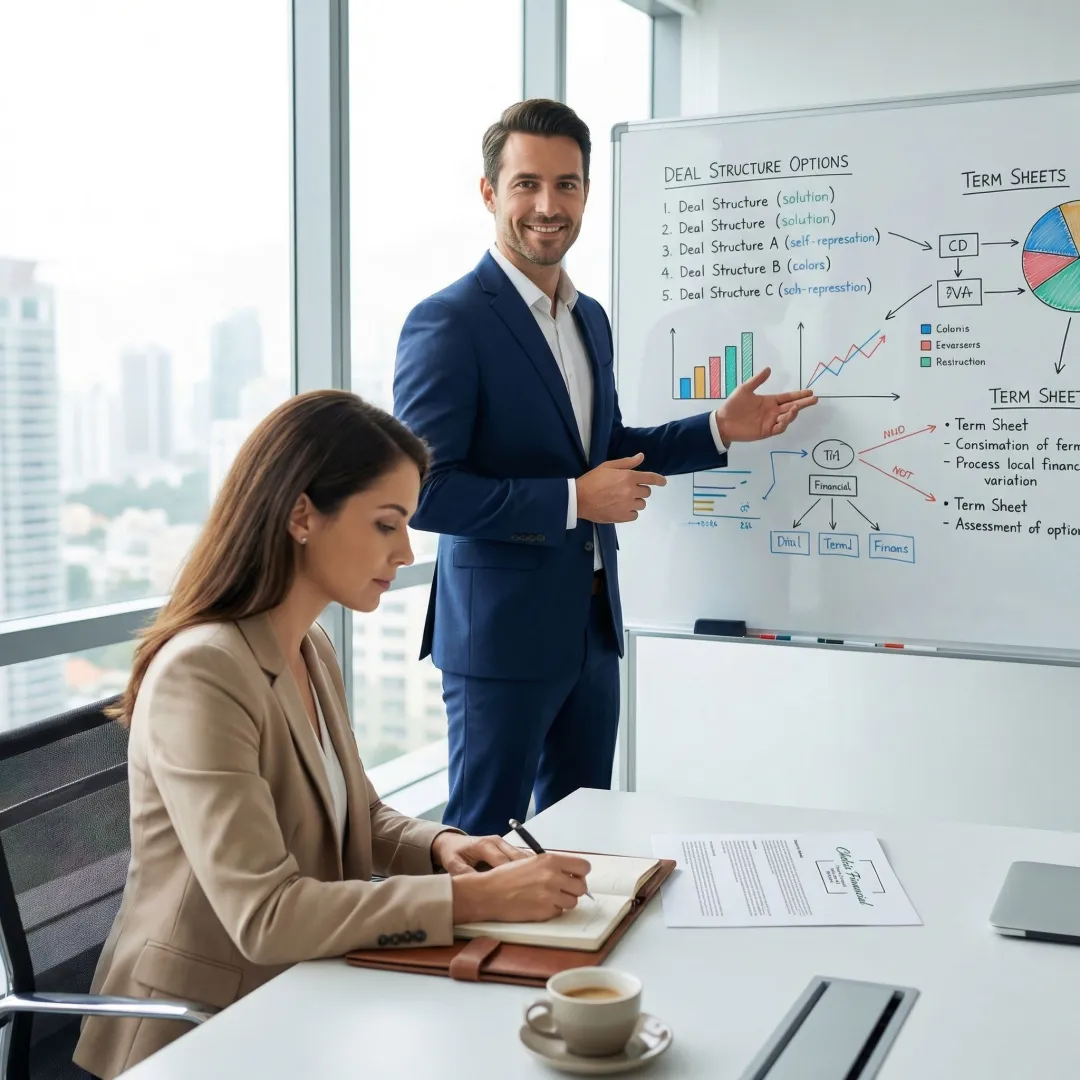Financial advisor explaining transaction deal structure on a whiteboard to a business owner