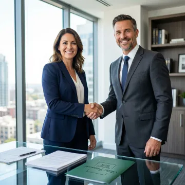 Business owner and financial advisor shaking hands after a successful business sale agreement.
