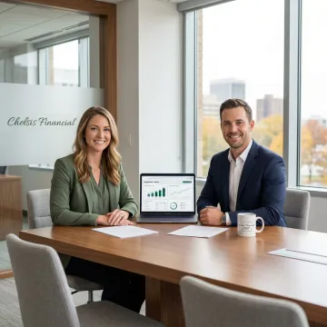 Business broker and buyer reviewing acquisition criteria on a laptop in a professional Indiana office