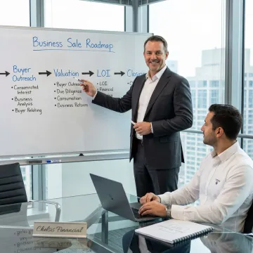 Business broker guiding technology company owner through a structured sale process on a whiteboard