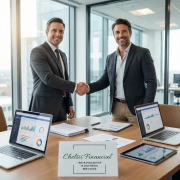 Business broker and technology company owner reviewing acquisition documents in a modern office