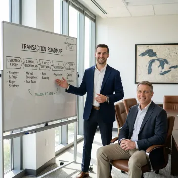 M&A advisor walking a Michigan business owner through a structured transaction process on a whiteboard