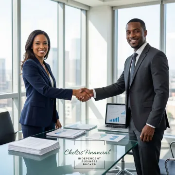Professional business broker advising a business owner during a confidential consultation