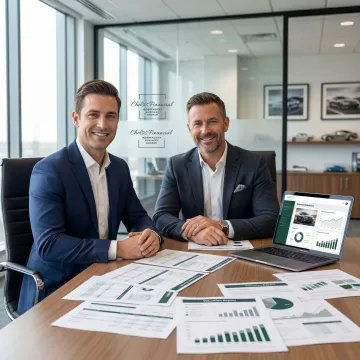 Financial advisor reviewing automotive business valuation documents with a business owner