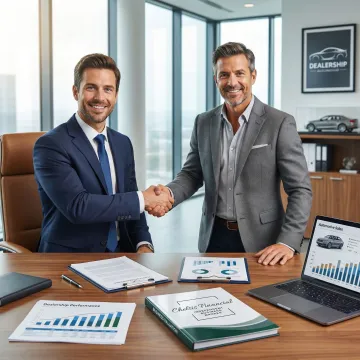 Business broker shaking hands with an automotive business owner in a dealership office