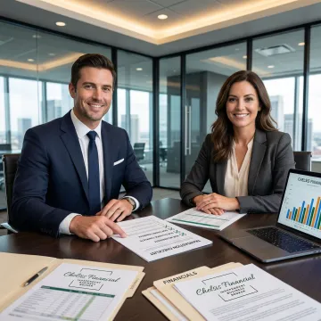 Business broker reviewing a structured transaction checklist with a business owner in a conference room