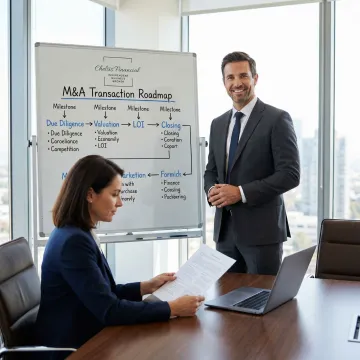 M&A advisor walking a business owner through a multi-step transaction process on a whiteboard
