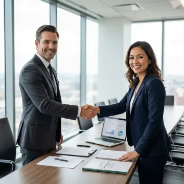 Business broker shaking hands with a business owner after a successful sale agreement.