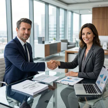 Business broker and client reviewing a company sale agreement in a professional Midwest office setting