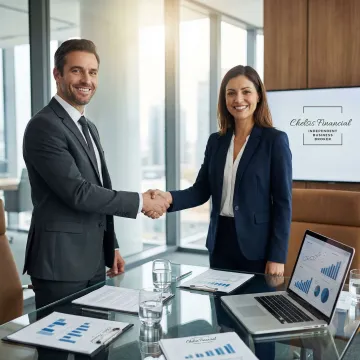 Business broker shaking hands with a small business owner at a professional office meeting