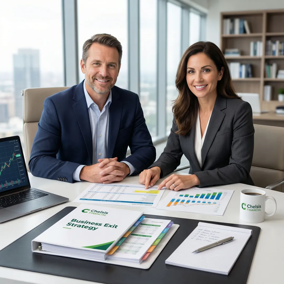 Business owner reviewing financial documents with an advisor to prepare for a business sale