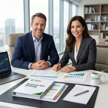 Business owner reviewing financial documents with an advisor to prepare for a business sale