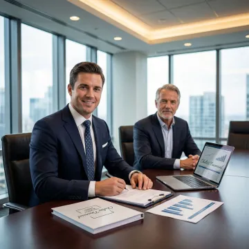 M&A advisor presenting sell-side business sale strategy to a business owner in a professional office setting