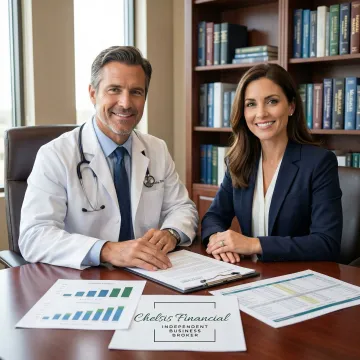 Healthcare practice owner reviewing a business valuation report with a financial advisor