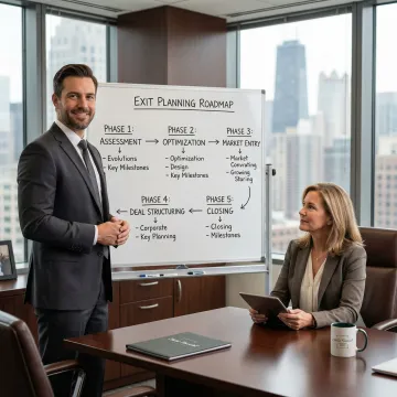 Business broker guiding owner through exit planning steps on a whiteboard